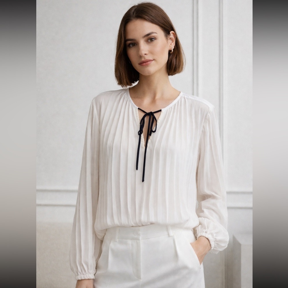 Express Ivory Pleated Long-Sleeve Blouse with Black Tie